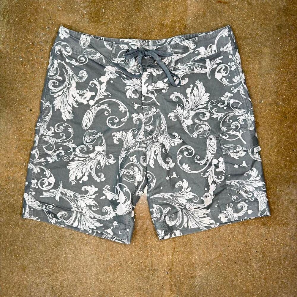 Converse One Star Board Shorts Mens 36 Gray White Scroll Pattern Swim Trunks